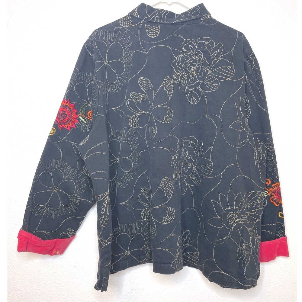 Liz & Me Women Jacket Embroidered Floral Button Up Large Black - Picture 3 of 9